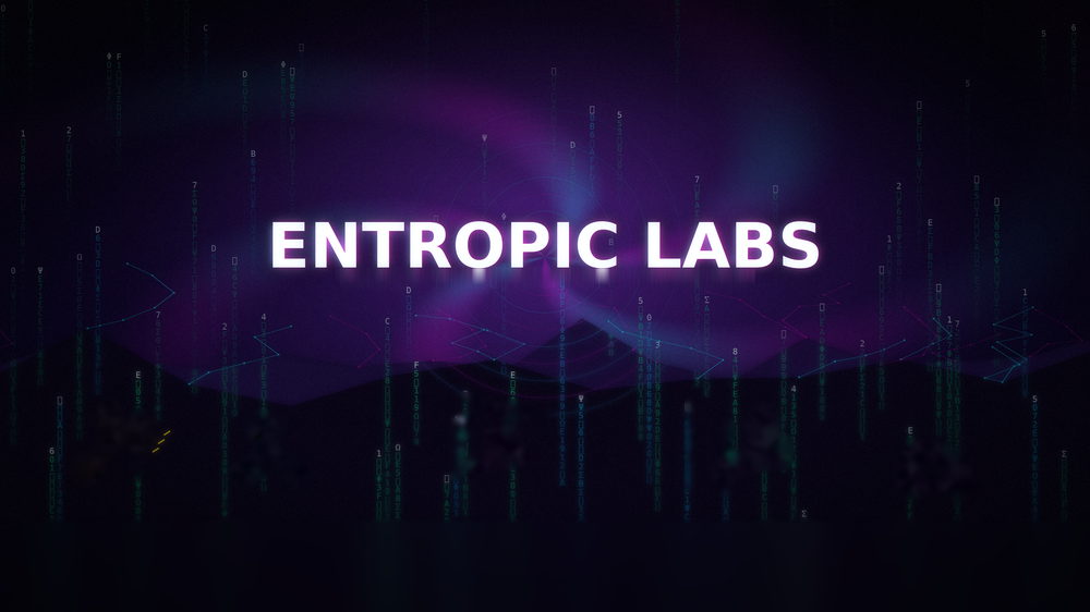 Entropic Labs, Music Engineering / Studio — wordmark glowing over a violet nebula sky, with cascading code, neon figures in motion, and a spectrum analyser along the bottom