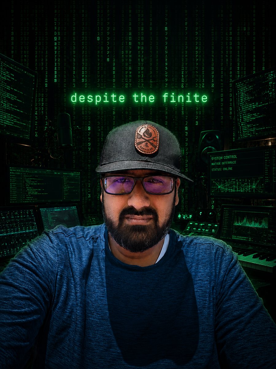 Portrait of the lead producer and owner of Entropic Labs, composited into a green matrix-code studio scene surrounded by monitors and gear, with a glowing neon "despite the finite" wordmark overhead.